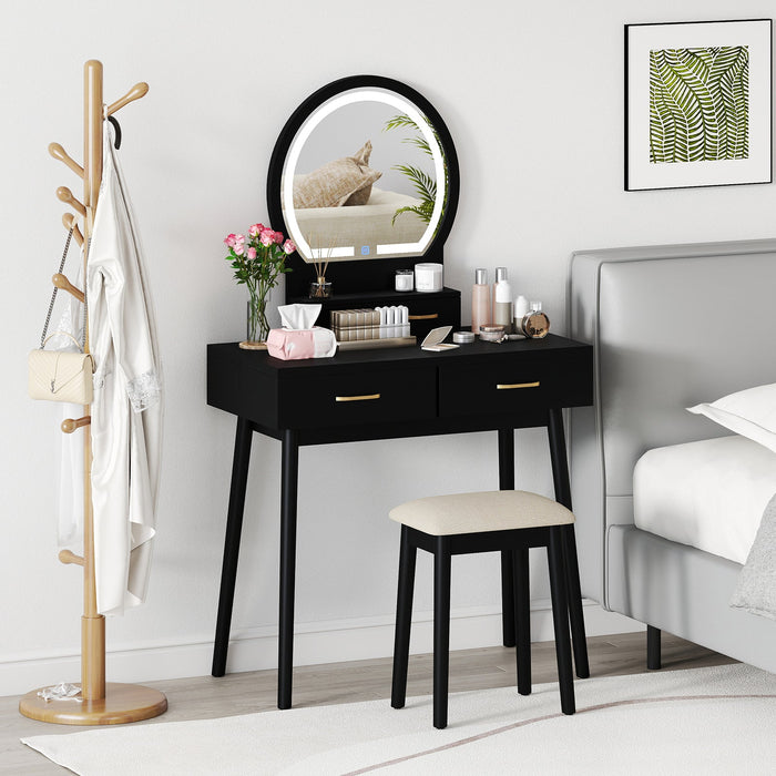 Compact Vanity with LED Mirror & Cushioned Stool