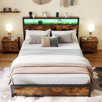 Full/Queen Size LED Bed Frame with Charging Station and 4 Storage Drawers