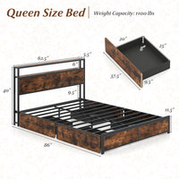 Full/Queen Size LED Bed Frame with Charging Station and 4 Storage Drawers
