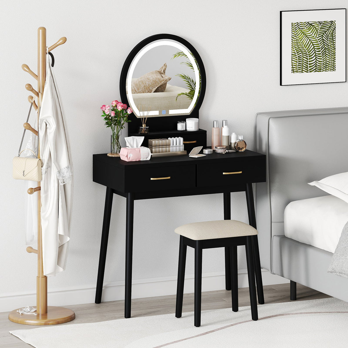 Compact Vanity with LED Mirror & Cushioned Stool