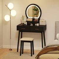 Compact Vanity with LED Mirror & Cushioned Stool